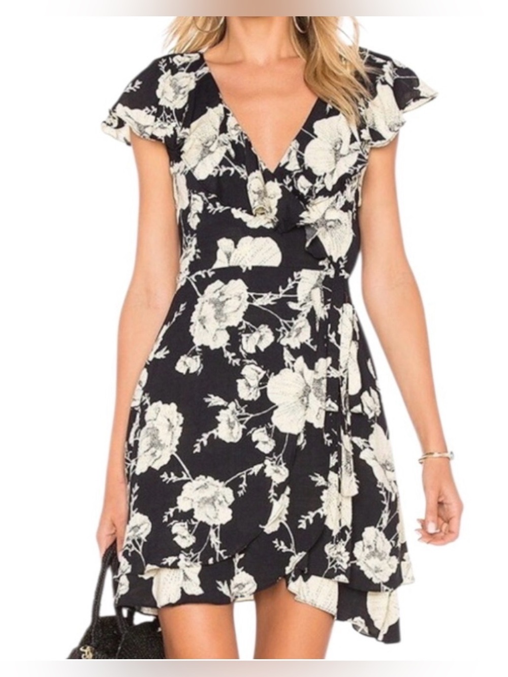 Free People Black & White Floral Mini Wrap Dress - Picture 6 of 6